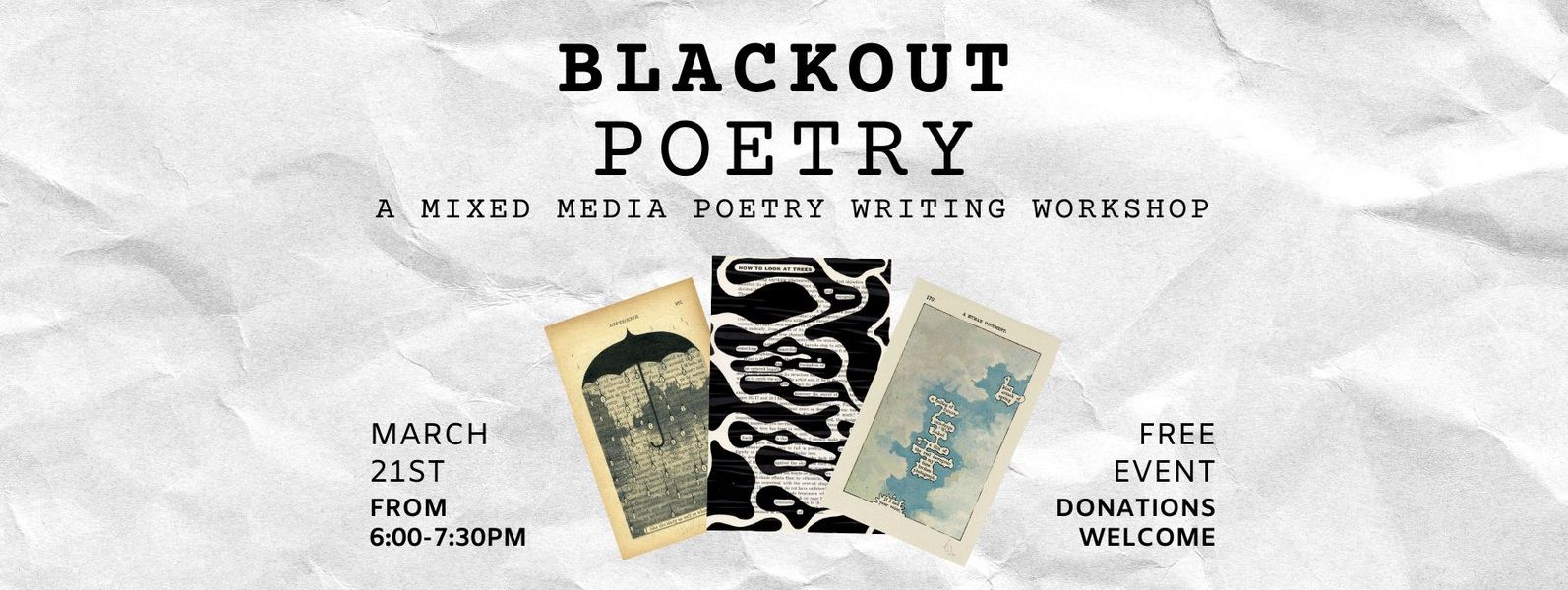 March Blackout Poetry event mixed media writing workshop at EOA
